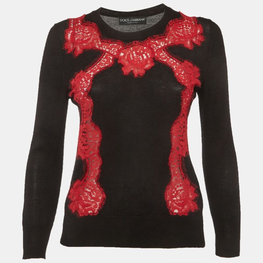 Dolce & Gabbana Black/red Lace Detail Sweater S